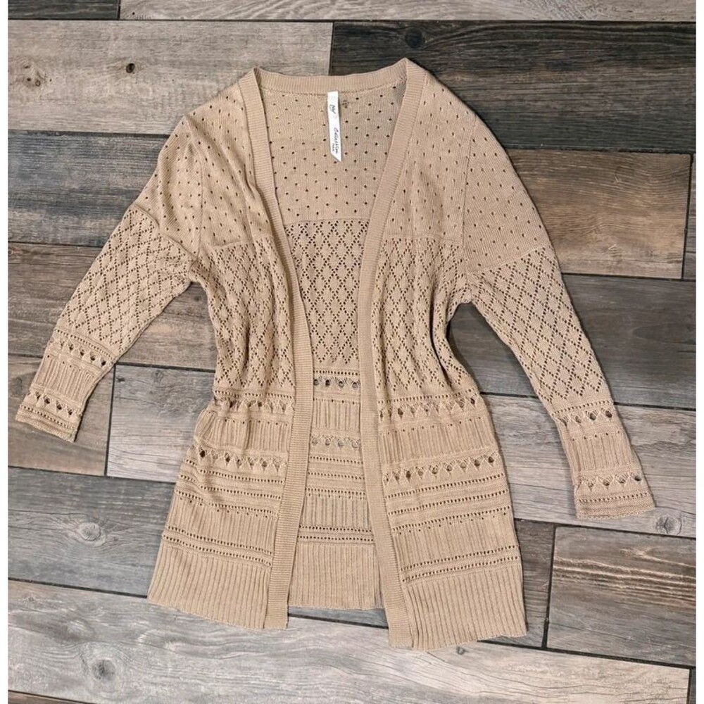 Beige Open Front Pointelle Knit Cardigan Size Petite Medium